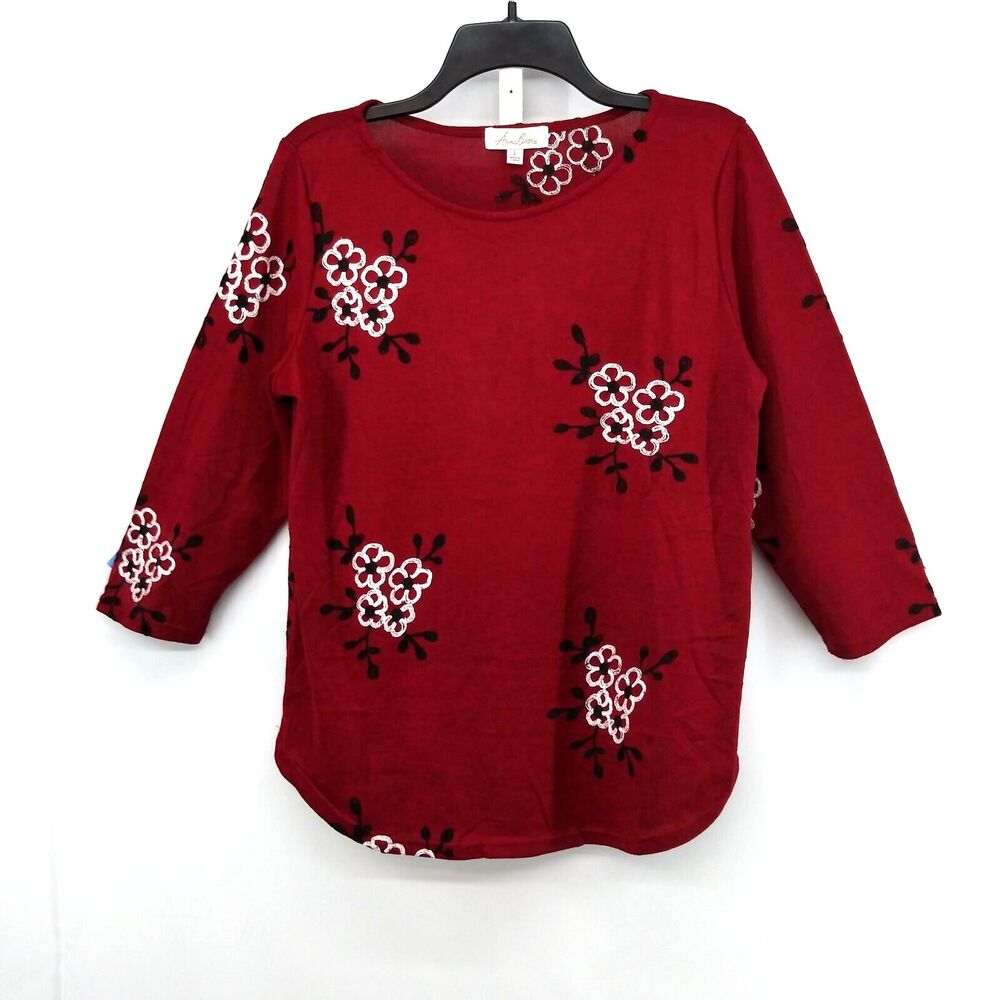 Anneliese Blouse Womens Size L Red Floral 3/4 Sleeve Round Neck Pullover Top